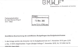 Anfrage des Budgetausschusses an Minister Töchterle Nov.2012
